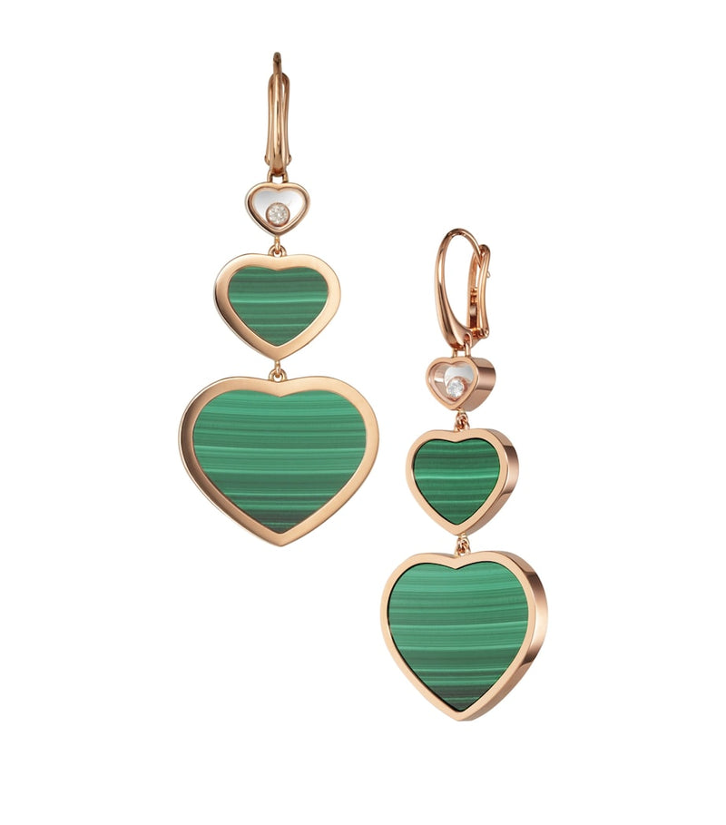 Chopard Happy Hearts drop earrings in 18k rose gold with malachite and moving diamond, UK version