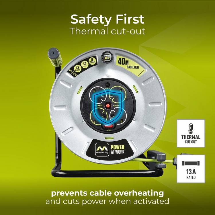 Masterplug Pro-XT 4 socket 40m cable reel (British brand)