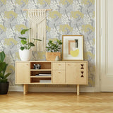 Fresco Lykke Tree wallpaper in grey and ochre - British product