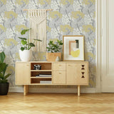 Fresco Lykke Tree wallpaper in grey and ochre - British product