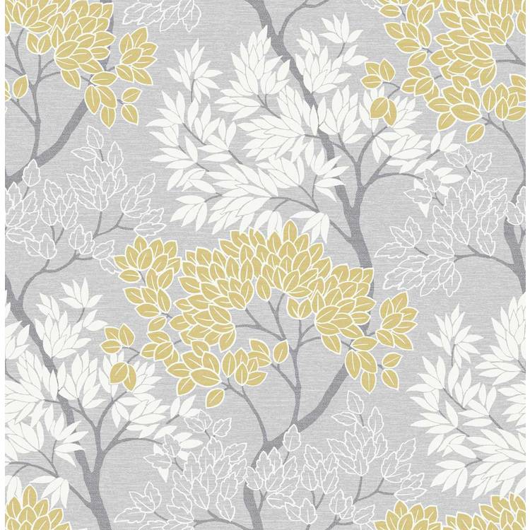 Fresco Lykke Tree wallpaper in grey and ochre - British product