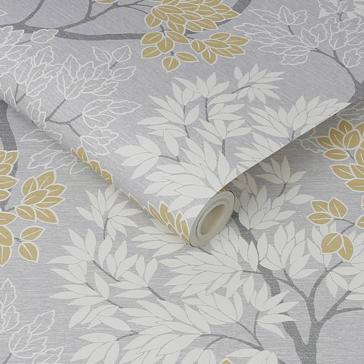 Fresco Lykke Tree wallpaper in grey and ochre - British product