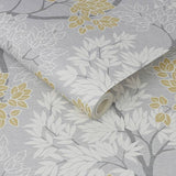 Fresco Lykke Tree wallpaper in grey and ochre - British product