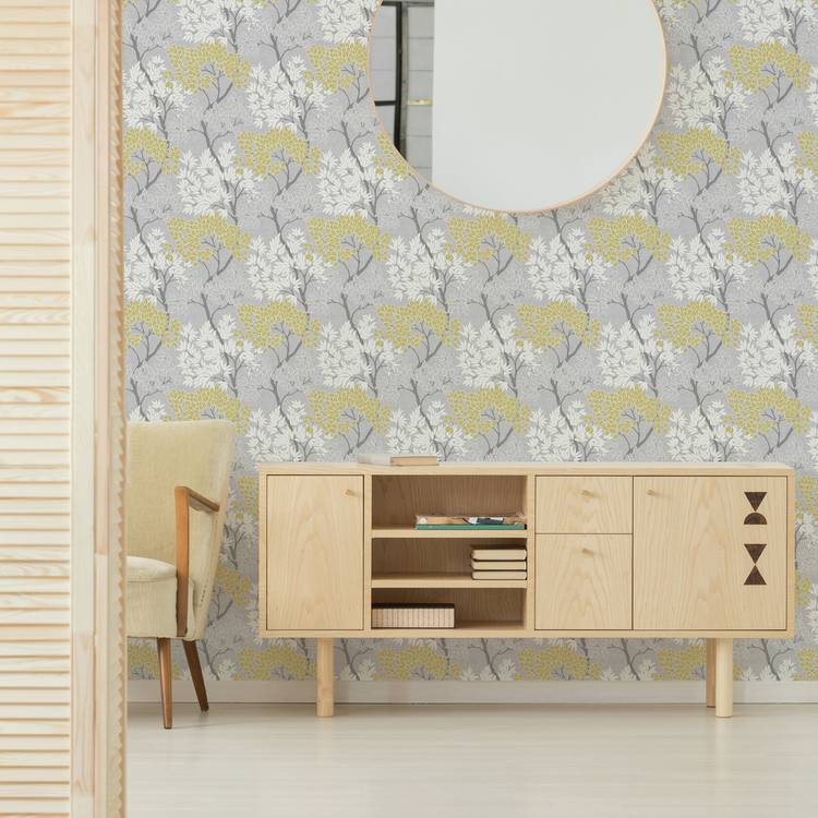 Fresco Lykke Tree wallpaper in grey and ochre - British product