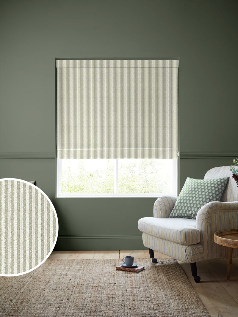 Emily Bond roman blinds sage green Oscar stripe, imported from the UK