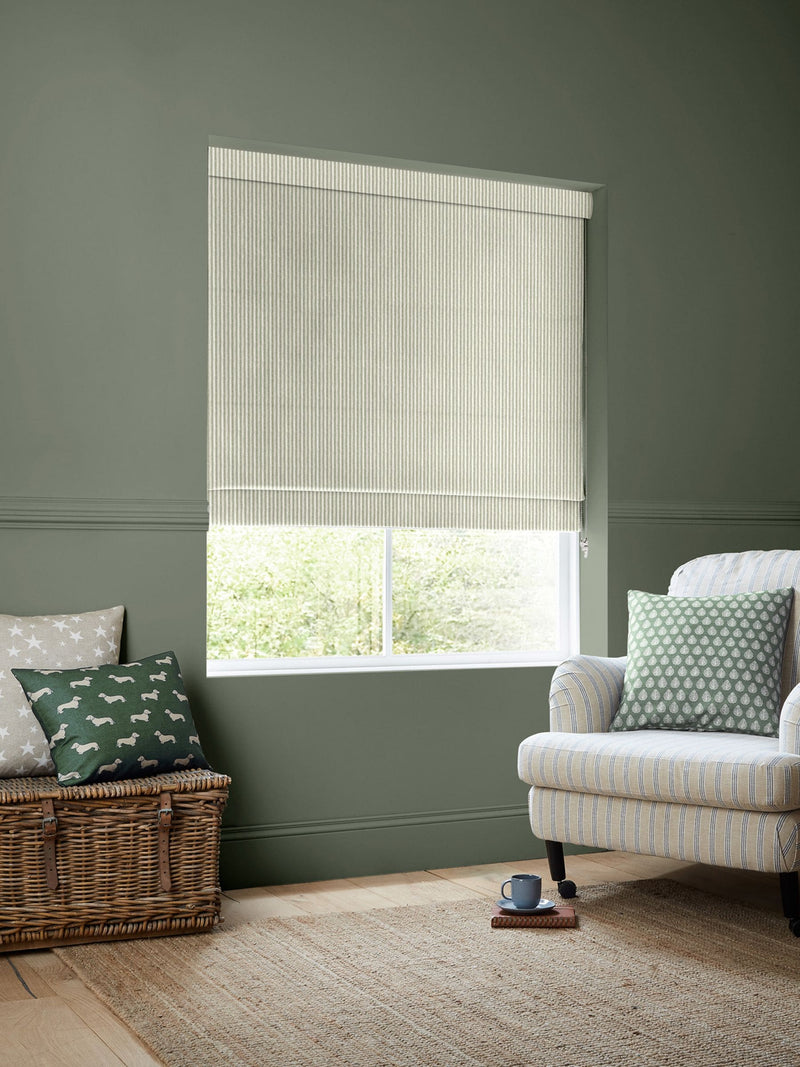 Emily Bond roman blinds sage green Oscar stripe, imported from the UK