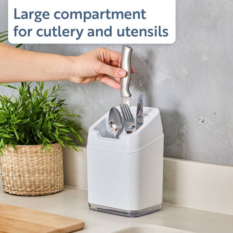 Minky white plastic utensil caddy with knife slots - British product