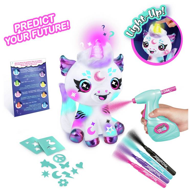 Airbrush unicorn plush toy with light-up horn, imported from the UK