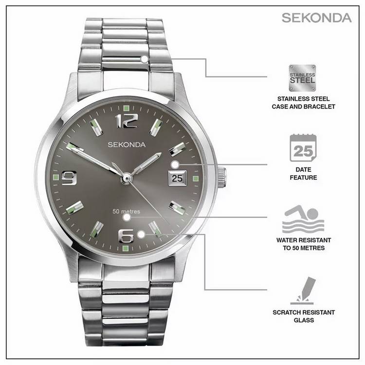 Sekonda men's stainless steel watch grey dial, imported from the UK