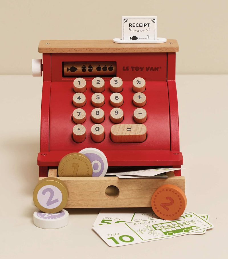 Le Toy Van wooden shop till cash register with money, imported from the UK