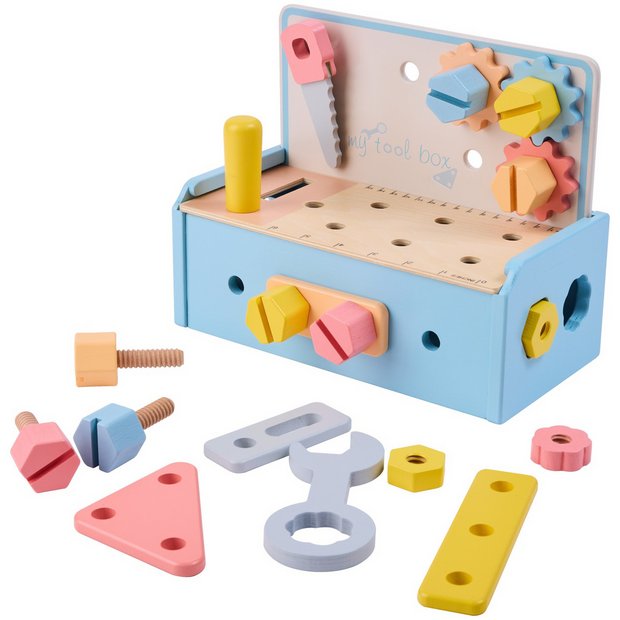 Chad Valley blue wooden toy toolbox with tools - British product