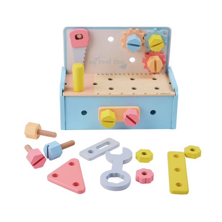 Chad Valley blue wooden toy toolbox with tools - British product