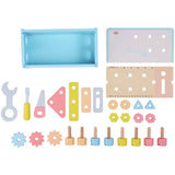 Chad Valley blue wooden toy toolbox with tools - British product