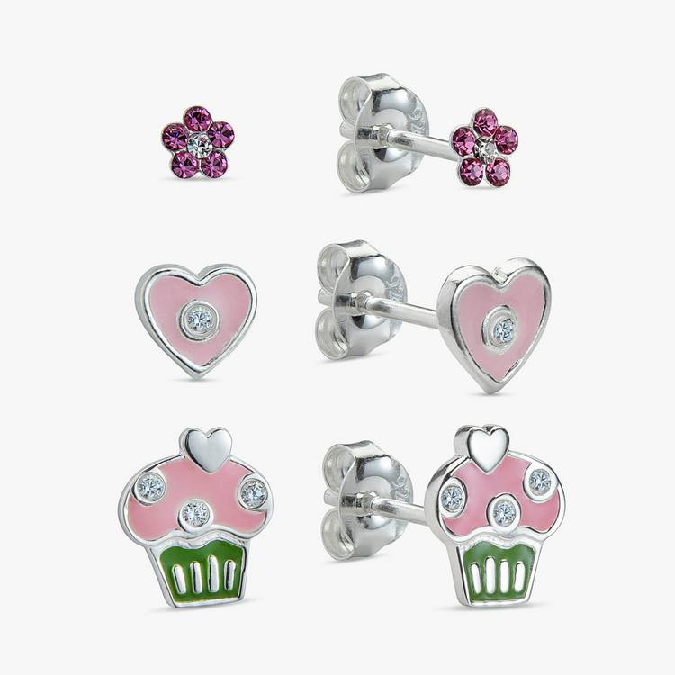 Revere enamel flower heart cupcake stud earrings set, imported from the UK