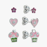 Revere enamel flower heart cupcake stud earrings set, imported from the UK