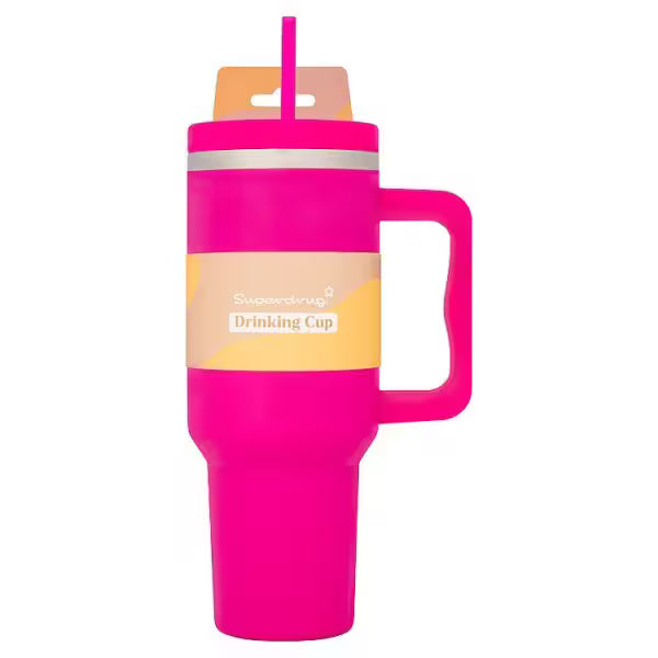 Superdrug pink stainless steel drinking cup with straw - British product