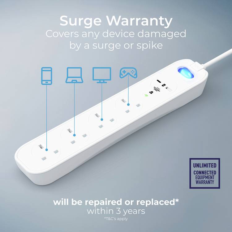 Masterplug extension lead with surge protection and USB - British product