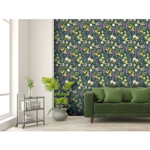 RHS Flower Medley Navy wallpaper 50cm x 10m, imported from the UK