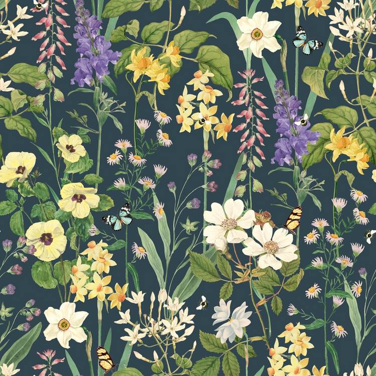 RHS Flower Medley Navy wallpaper 50cm x 10m, imported from the UK