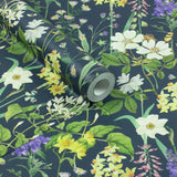RHS Flower Medley Navy wallpaper 50cm x 10m, imported from the UK