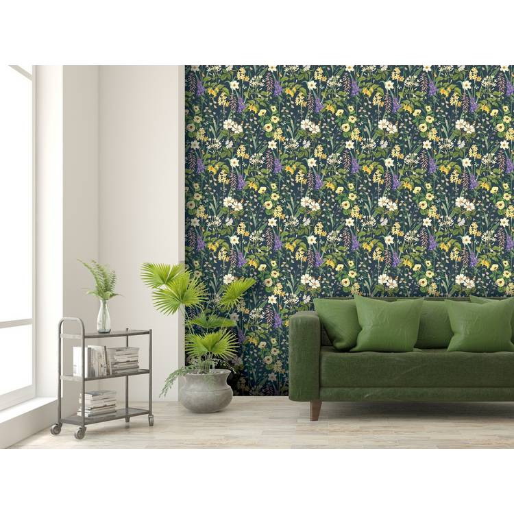 RHS Flower Medley Navy wallpaper 50cm x 10m, imported from the UK