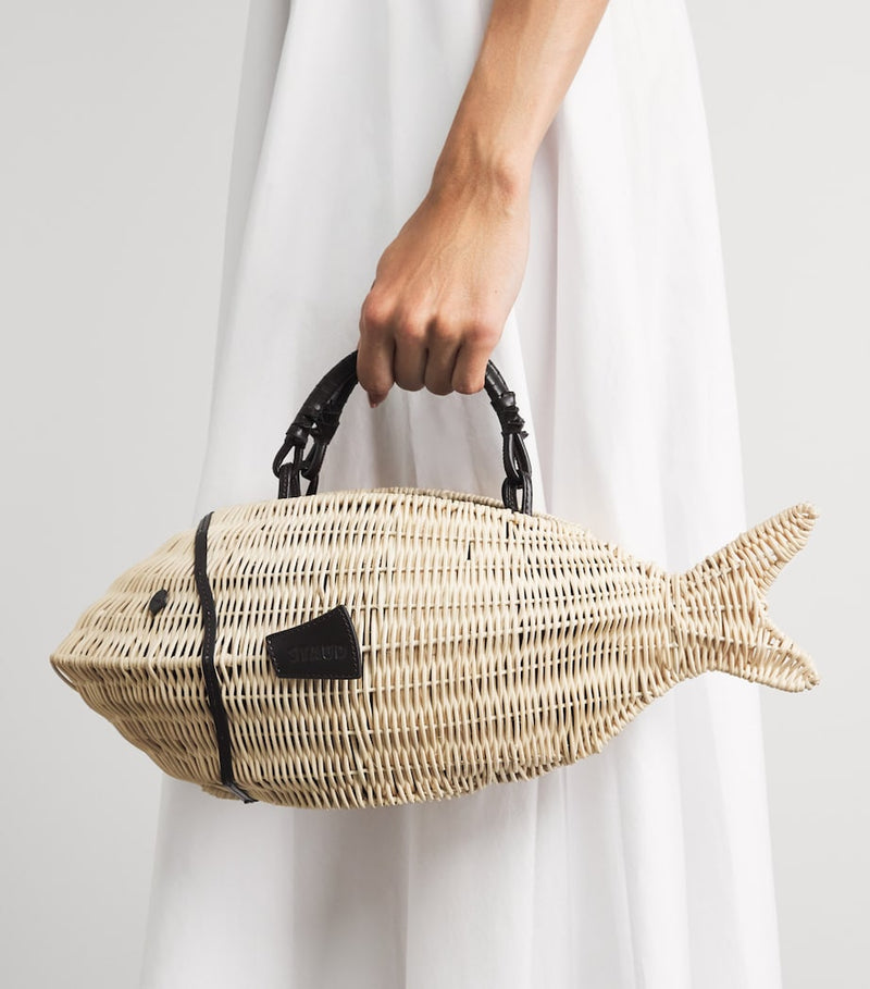 STAUD wicker Cleo fish handbag, imported from the UK