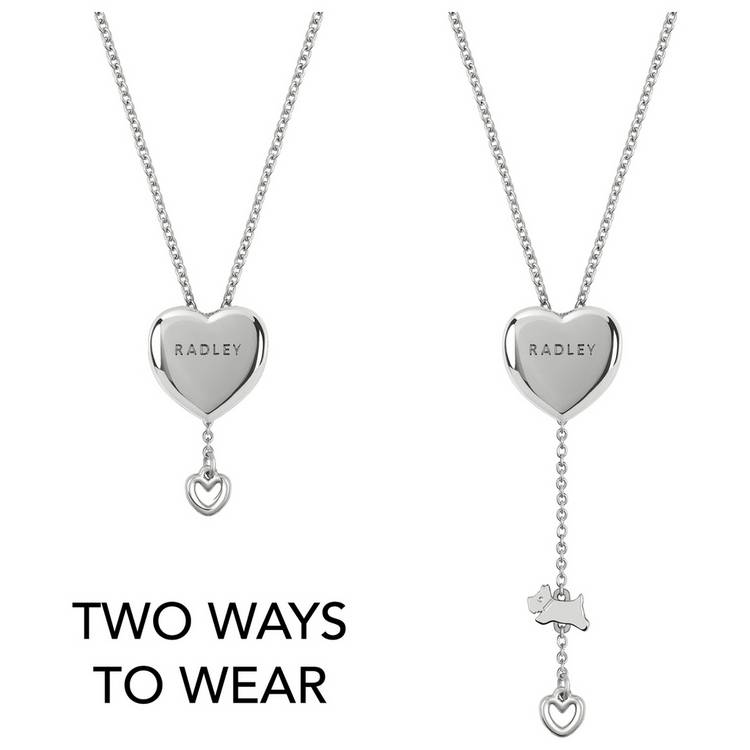 Radley silver plated heart lariat pendant necklace 51cm, imported from the UK