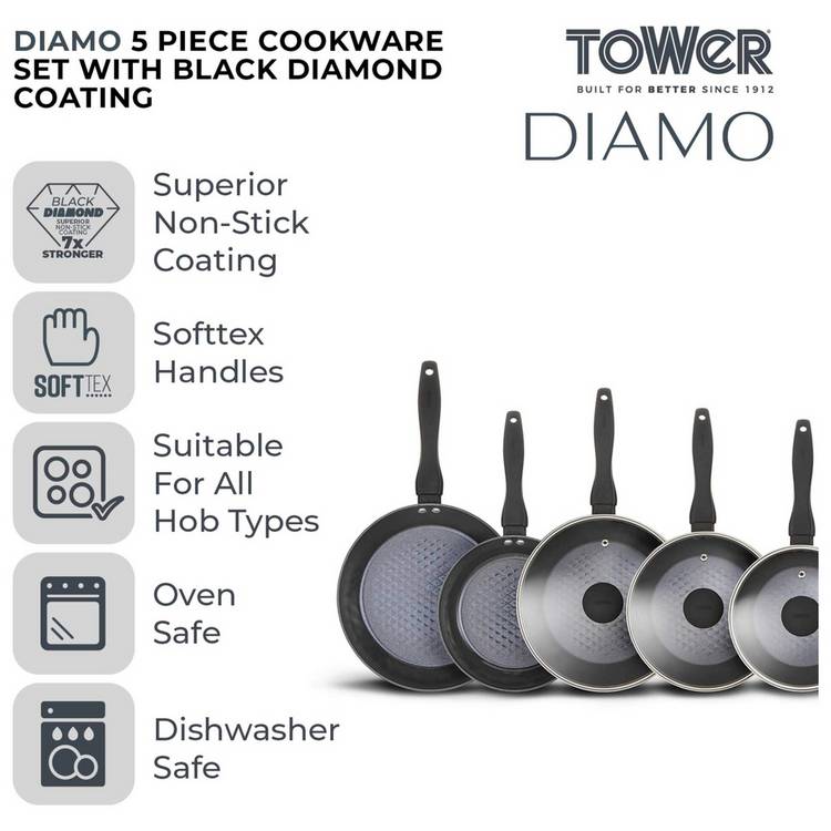 Tower Diamo non stick pan set 5 piece aluminium black, UK version