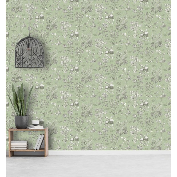 RHS Botanical Sketchbook Sage wallpaper 50cm x 10m (British brand)