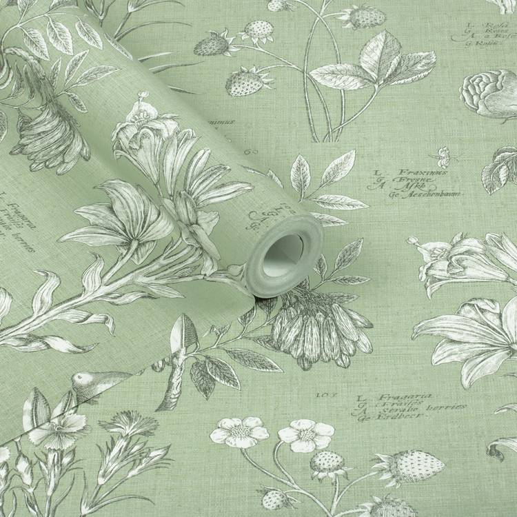 RHS Botanical Sketchbook Sage wallpaper 50cm x 10m (British brand)