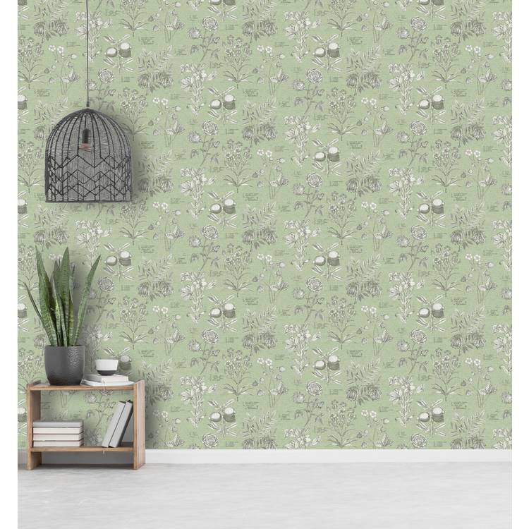 RHS Botanical Sketchbook Sage wallpaper 50cm x 10m (British brand)