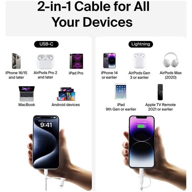 Belkin 2-in-1 USB-C and Lightning cable 1.5m white, imported from the UK