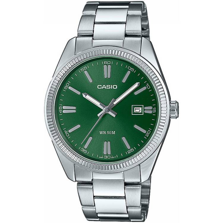Casio analogue watch green dial stainless steel bracelet, UK version