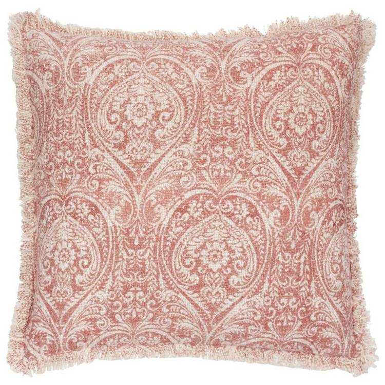 Paoletti Durelle Damask Fringed Cushion Coral 50x50cm, imported from the UK