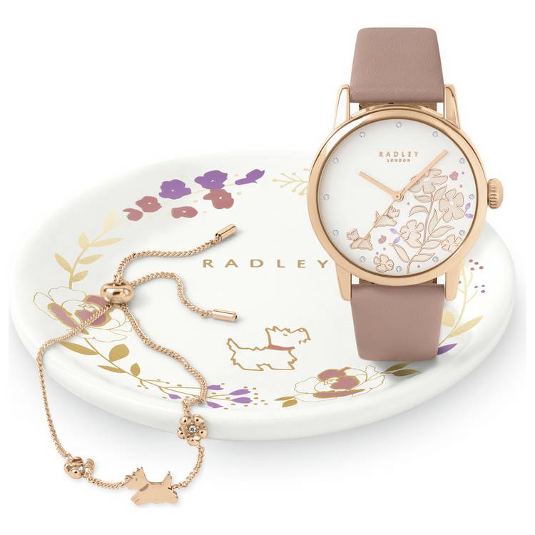 Radley pink leather watch set with bracelet and trinket tray, British brand