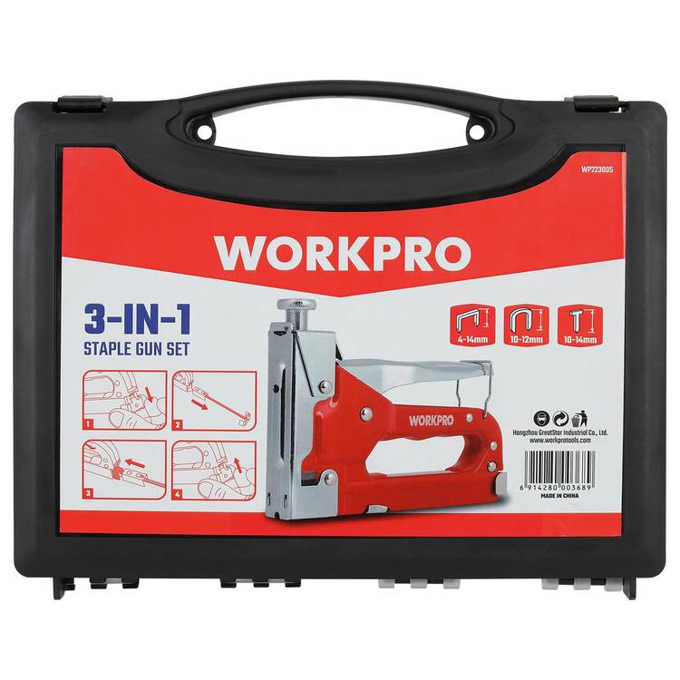 WORKPRO 3-in-1 staple gun set with carry case, imported from the UK
