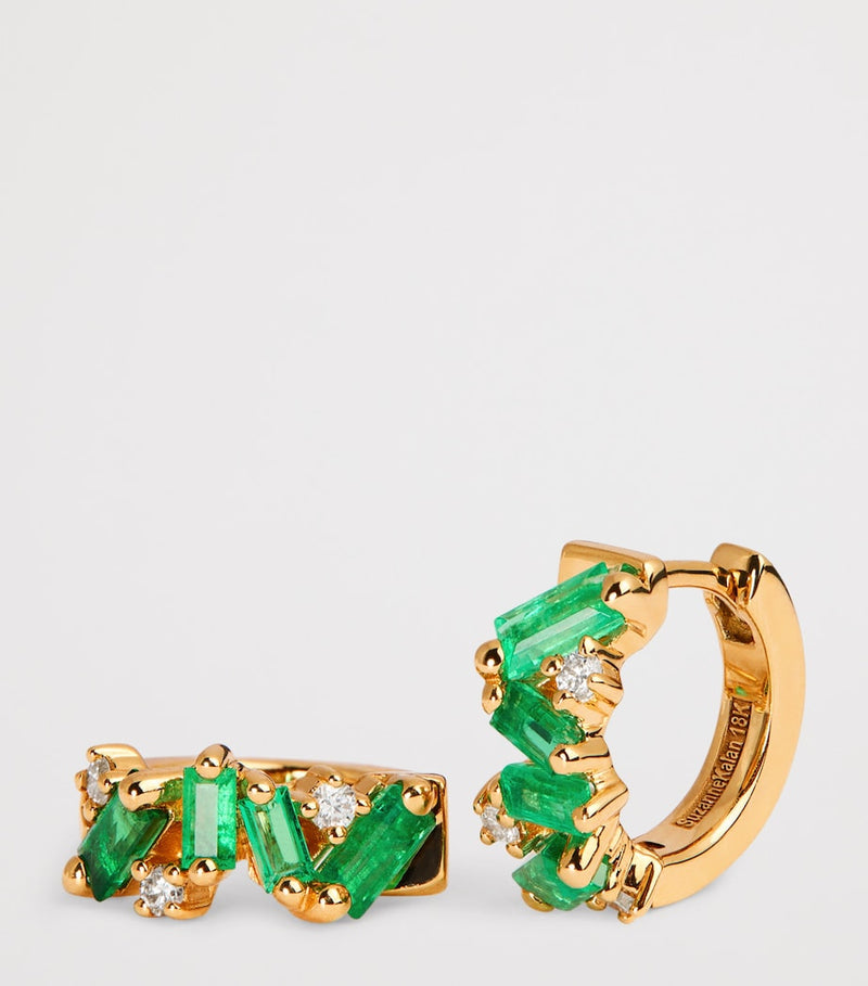 Suzanne Kalan yellow gold emerald diamond huggie earrings, UK version