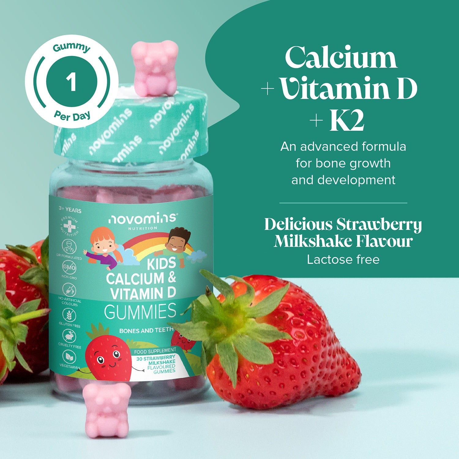Novomins Kid's Calcium, Vitamin D & K2 30 Strawberry Flavour Gummies - 998889