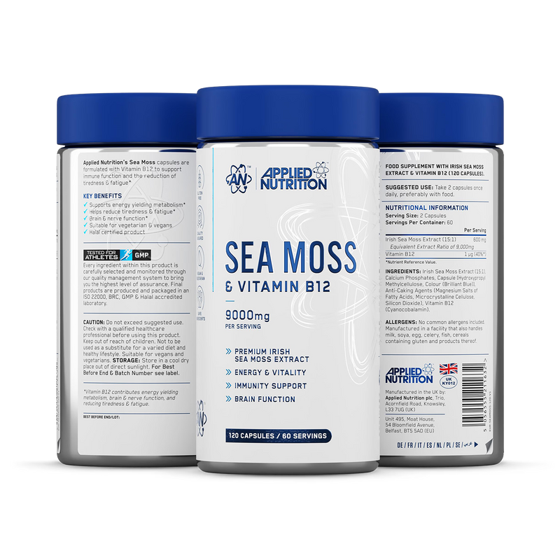 Applied Nutrition Sea Moss with Vitamin B12 capsules 120, imported from the UK