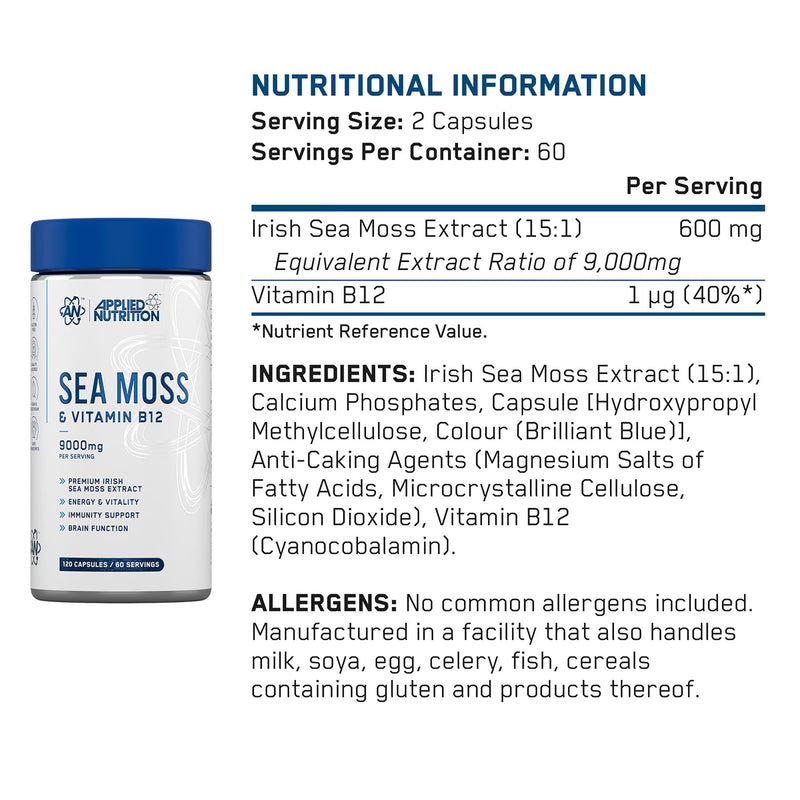 Applied Nutrition Sea Moss with Vitamin B12 capsules 120, imported from the UK