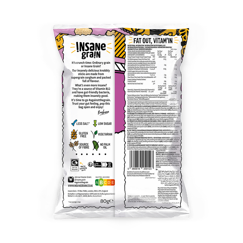 Insane Grain Truffle Cheese Baked Knobbly Sticks 80g, UK version