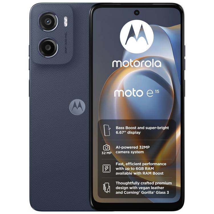 Motorola e15 64GB Denim Blue mobile phone, imported from the UK