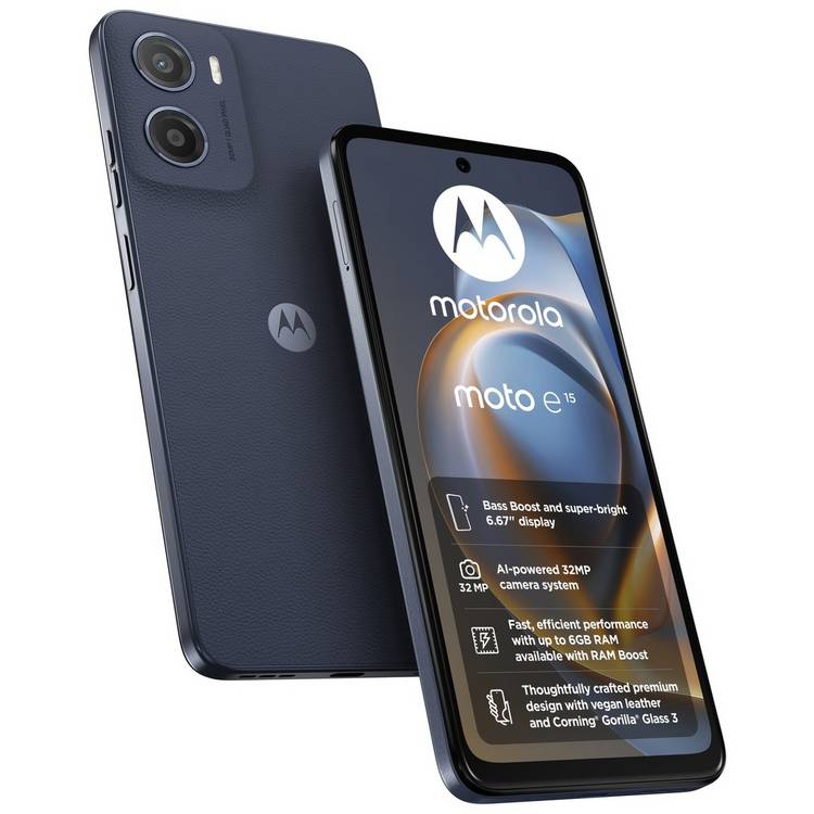 Motorola e15 64GB Denim Blue mobile phone, imported from the UK