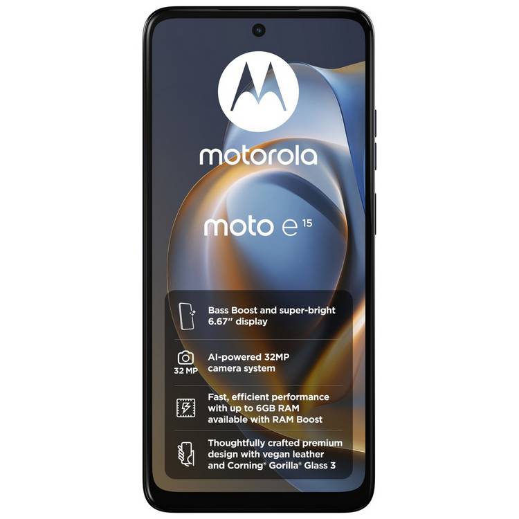 Motorola e15 64GB Denim Blue mobile phone, imported from the UK
