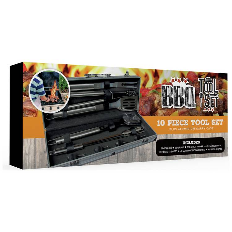 Menkind BBQ Tool Kit 10-piece set, imported from the UK