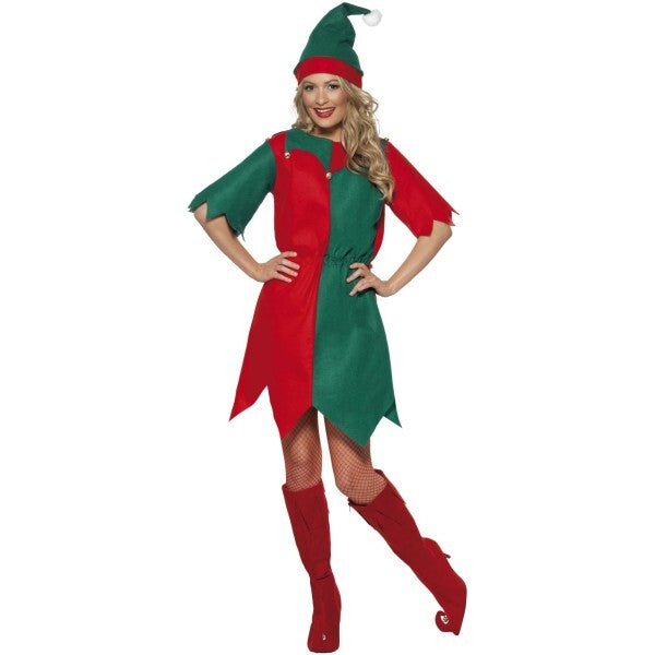 Smiffys elf costume red and green dress hat and tunic, UK version