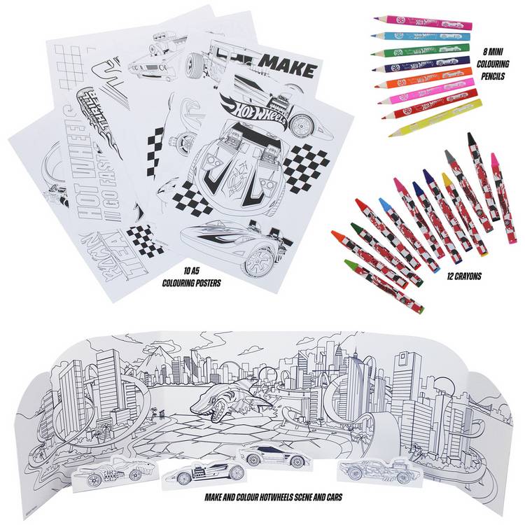 Hot Wheels large art colouring set with crayons and pencils, imported from the UK