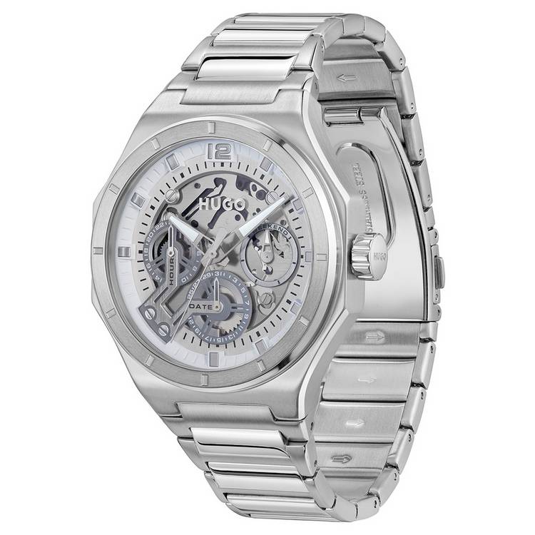 HUGO Grail Skeleton watch silver dial stainless steel bracelet - British product