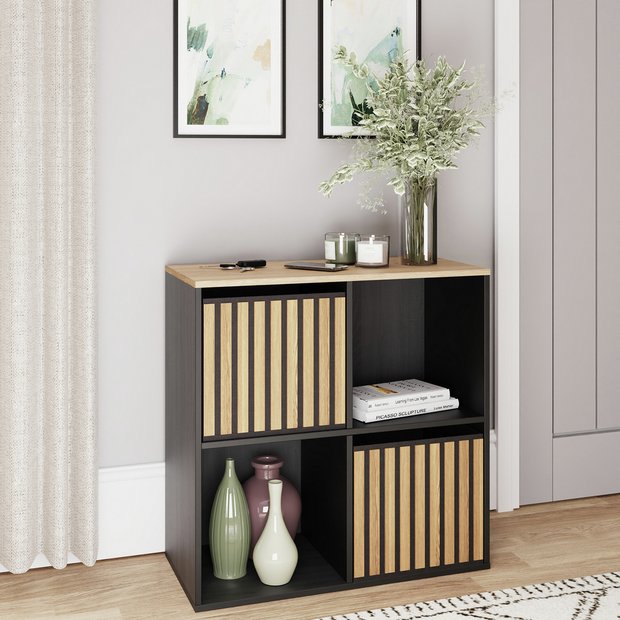 GFW Kube 4 cube storage unit in black with oak-effect boxes, UK version