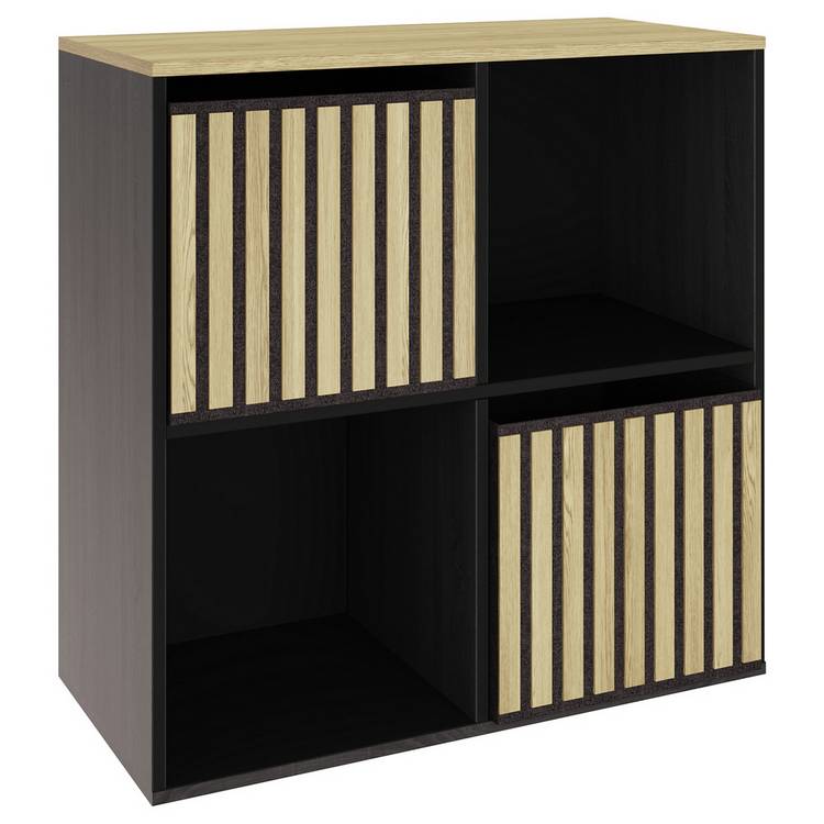 GFW Kube 4 cube storage unit in black with oak-effect boxes, UK version